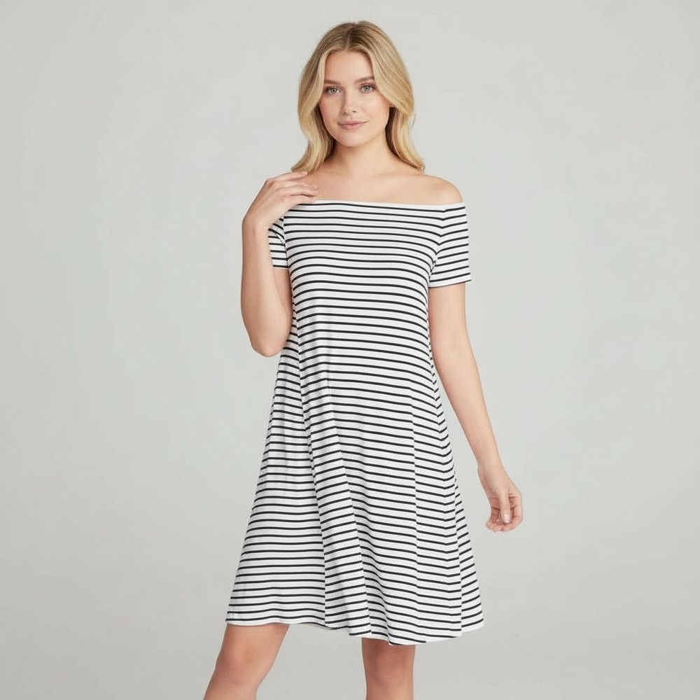 Old Navy Black White Striped Off Shoulder Mini Dress Medium Shift Relaxed Fit